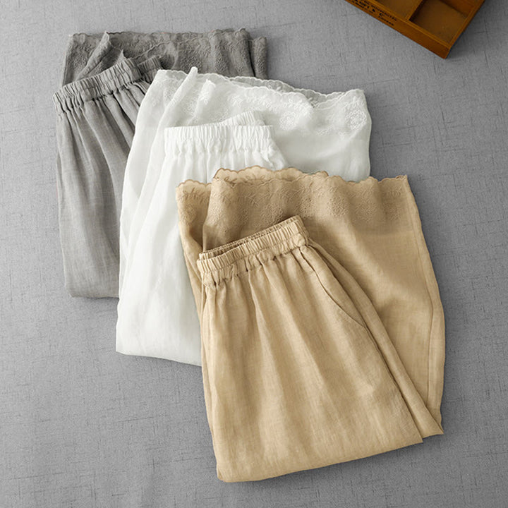 Pantalon court ample en coton avec poches pour femme, motif Buddha Stones , couleur unie, broderie en dentelle - image 24