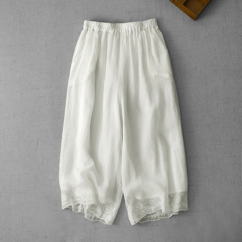 Pantalon court ample en coton avec poches pour femme, motif Buddha Stones , couleur unie, broderie en dentelle - Blanc - US8-10，UK/AU12-14，EU40-42 (2XL) - image 0