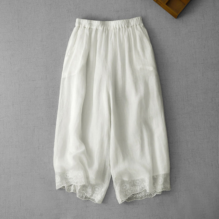 Pantalon court ample en coton avec poches pour femme, motif Buddha Stones , couleur unie, broderie en dentelle - Blanc - US8-10，UK/AU12-14，EU40-42 (2XL) - image 0