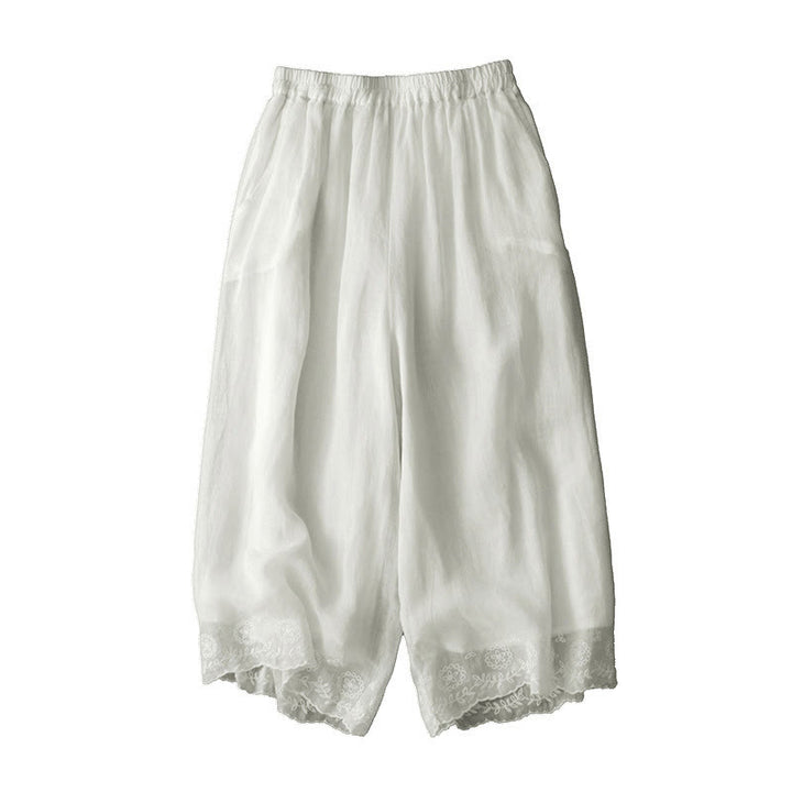 Pantalon court ample en coton avec poches pour femme, motif Buddha Stones , couleur unie, broderie en dentelle - image 7