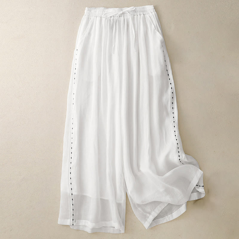 Pantalon large en coton avec cordon de serrage et broderie Buddha Stones Commute pour femme, longueur cheville, avec poches - Blanc - US8-10，UK/AU12-14，EU40-42 (2XL) - image 8