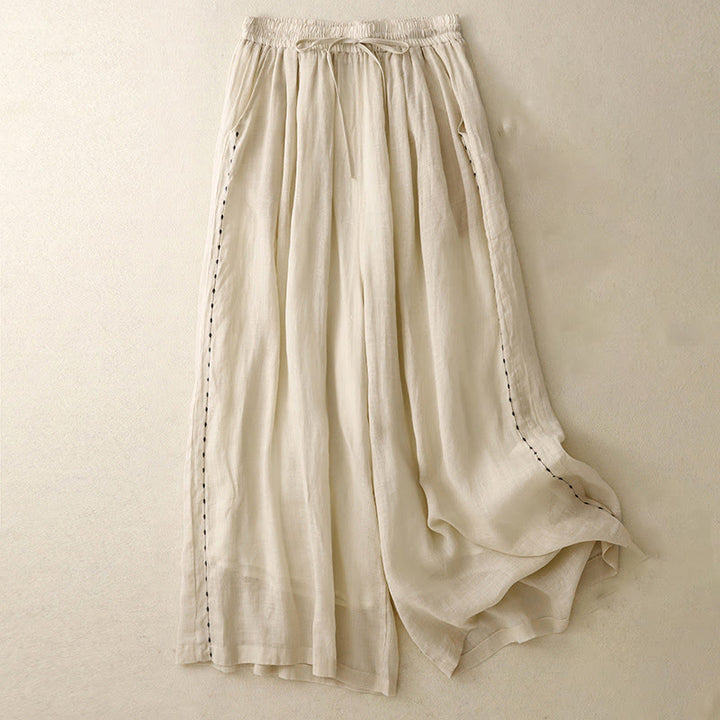 Pantalon large en coton avec cordon de serrage et broderie Buddha Stones Commute pour femme, longueur cheville, avec poches - Jaune d'or pâle - US8-10，UK/AU12-14，EU40-42 (2XL) - image 0