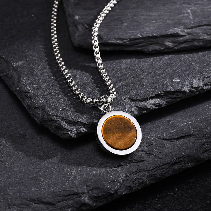 Collier pendentif de purification en Buddha Stones, pierre naturelle turquoise, œil de tigre, lazurite, lapis-lazuli, malachite et acier titane. - Œil de tigre - image 0