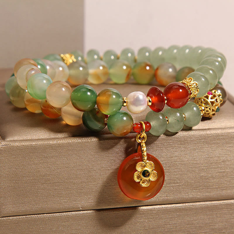 Bracelet de soutien double couche en perles et Buddha Stones, agate paon naturelle colorée, fleur, boucle de paix