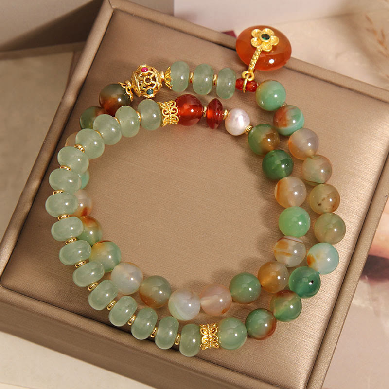 Bracelet de soutien double couche en perles et Buddha Stones, agate paon naturelle colorée, fleur, boucle de paix