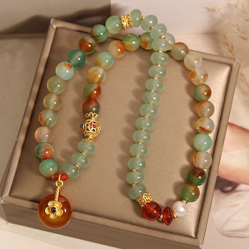 Bracelet de soutien double couche en perles et Buddha Stones, agate paon naturelle colorée, fleur, boucle de paix