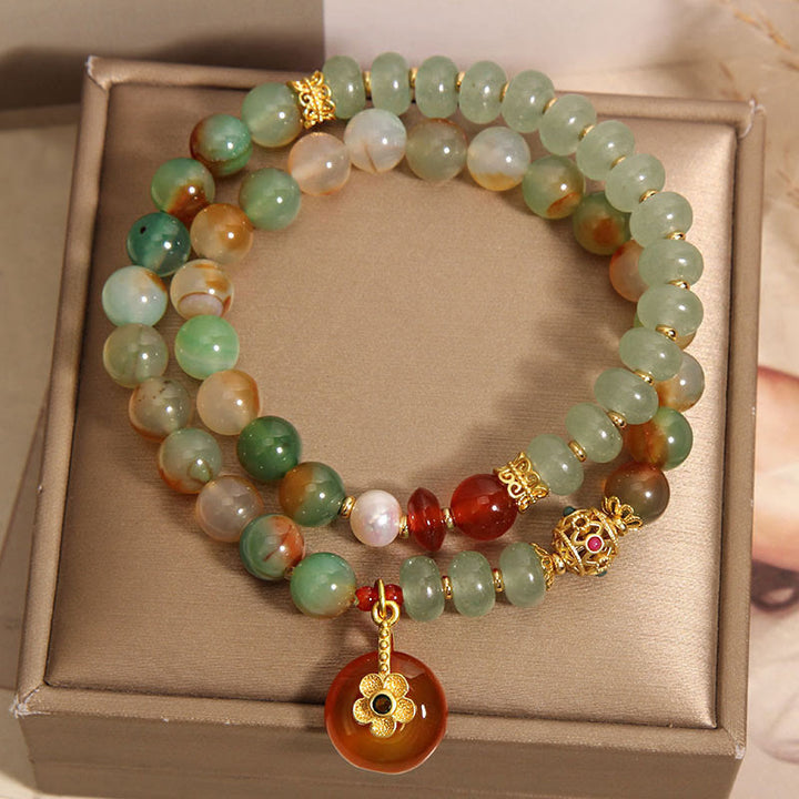 Bracelet de soutien double couche en perles et Buddha Stones, agate paon naturelle colorée, fleur, boucle de paix