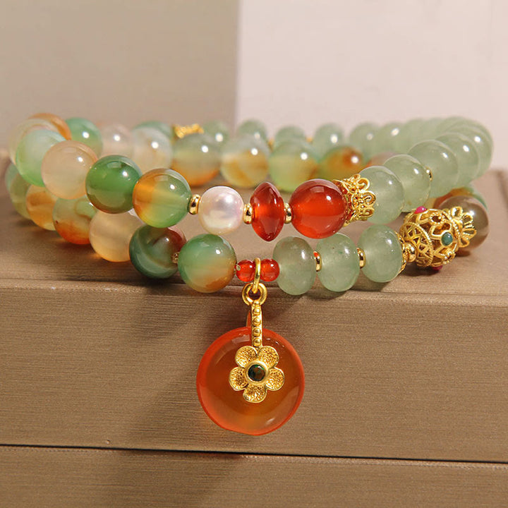 Bracelet de soutien double couche en perles et Buddha Stones, agate paon naturelle colorée, fleur, boucle de paix