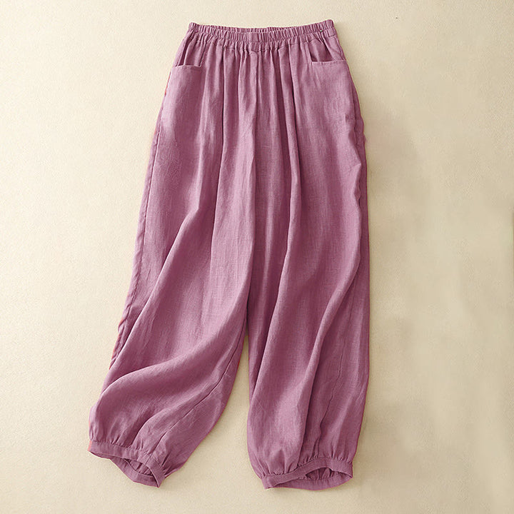 Pantalon longueur cheville en coton avec poches pour femme, couleur pure, style été Buddha Stones - Rouge violet pâle - US8-10，UK/AU12-14，EU40-42 (2XL) - image 0
