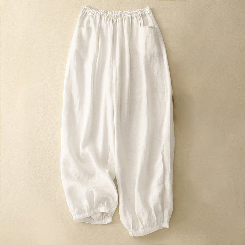 Pantalon longueur cheville en coton avec poches pour femme, couleur pure, style été Buddha Stones - Blanc - US8-10，UK/AU12-14，EU40-42 (2XL) - image 7