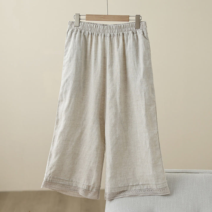 Pantalon large en coton avec poches pour femme , Buddha Stones , uni, en dentelle, patchwork, longueur 7-8