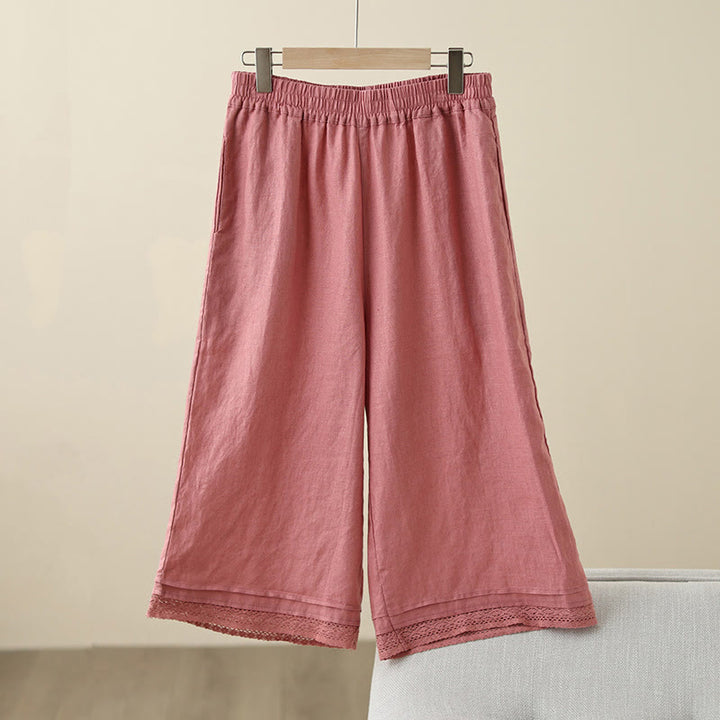 Pantalon large en coton avec poches pour femme , Buddha Stones , uni, en dentelle, patchwork, longueur 7-8