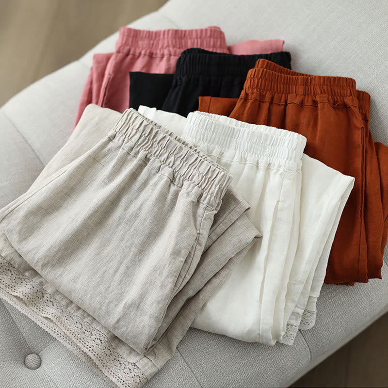 Pantalon large en coton avec poches pour femme , Buddha Stones , uni, en dentelle, patchwork, longueur 7-8