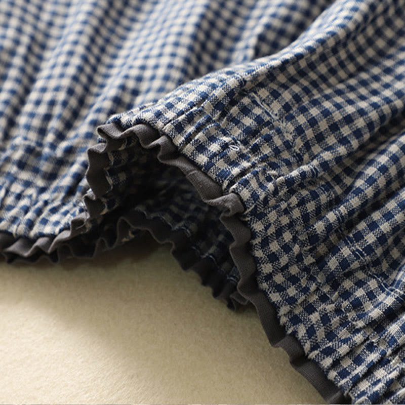 Pantalon décontracté à carreaux Buddha Stones pour femme, coupe ample, en coton et lin, avec poches, longueur 7-8 - image 3