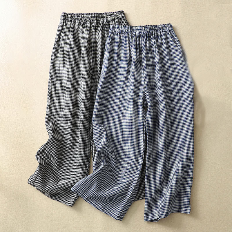 Pantalon décontracté à carreaux Buddha Stones pour femme, coupe ample, en coton et lin, avec poches, longueur 7-8 - image 16