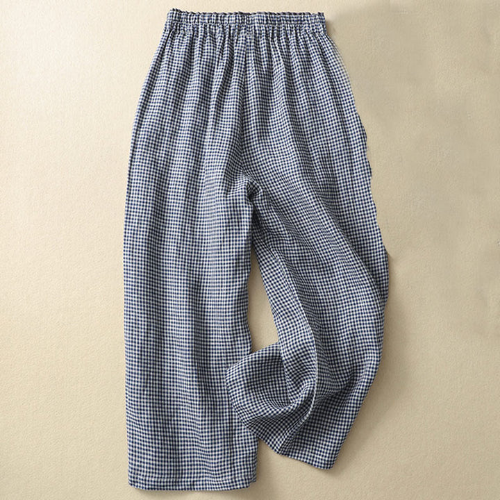 Pantalon décontracté à carreaux Buddha Stones pour femme, coupe ample, en coton et lin, avec poches, longueur 7-8 - Marine - US8-10，UK/AU12-14，EU40-42 (2XL) - image 0