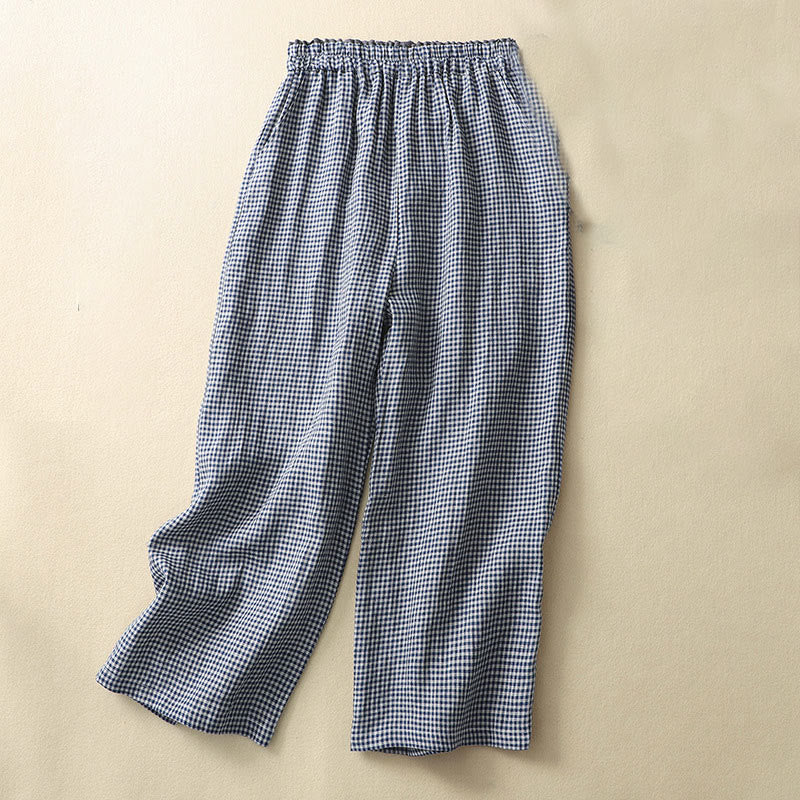 Pantalon décontracté à carreaux Buddha Stones pour femme, coupe ample, en coton et lin, avec poches, longueur 7-8 - image 1