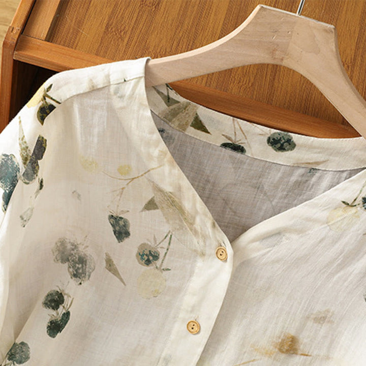 Chemise à manches trois-quarts en polyester pour femme, imprimée de Buddha Stones et de plantes, col en V et boutons. - image 3