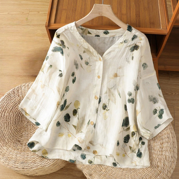 Chemise à manches trois-quarts en polyester pour femme, imprimée de Buddha Stones et de plantes, col en V et boutons. - Ivoire - US14，UK/AU18，EU46 (2XL) - image 0