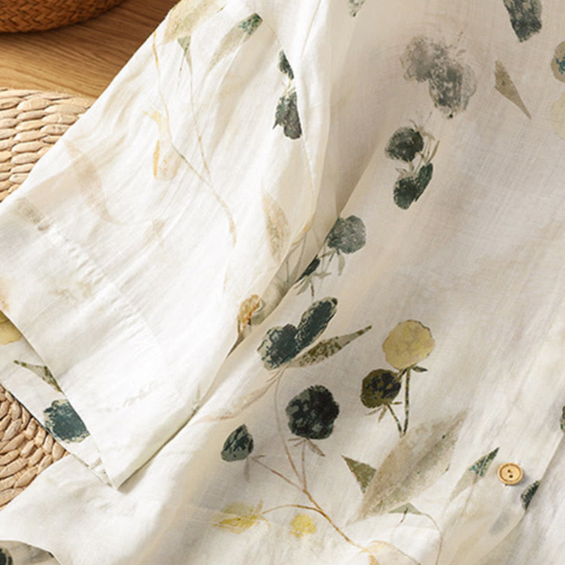 Chemise à manches trois-quarts en polyester pour femme, imprimée de Buddha Stones et de plantes, col en V et boutons. - image 7