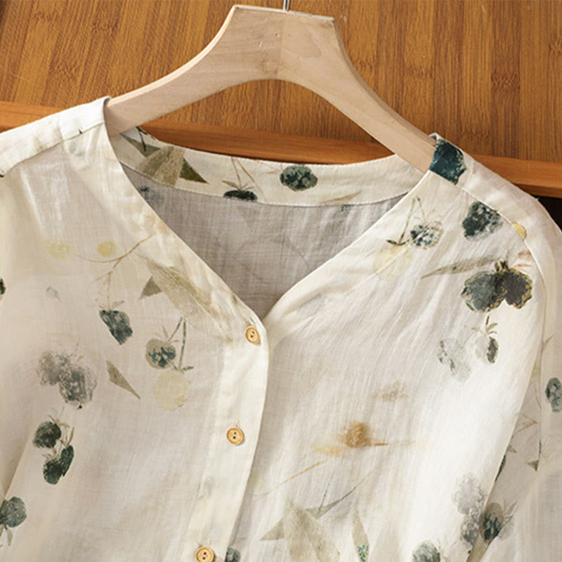Chemise à manches trois-quarts en polyester pour femme, imprimée de Buddha Stones et de plantes, col en V et boutons. - image 2