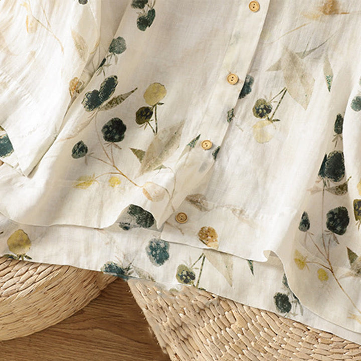 Chemise à manches trois-quarts en polyester pour femme, imprimée de Buddha Stones et de plantes, col en V et boutons. - image 5