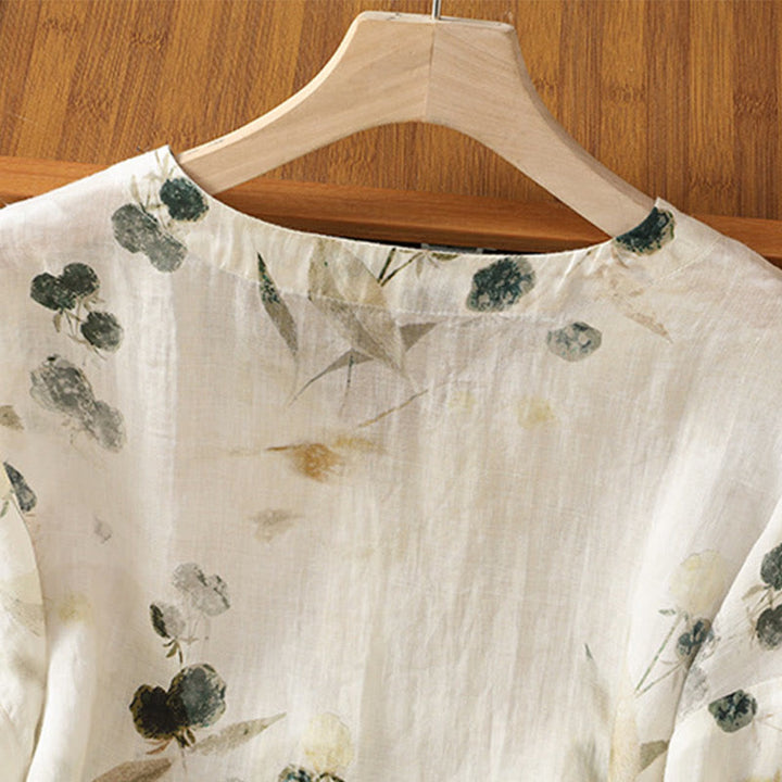 Chemise à manches trois-quarts en polyester pour femme, imprimée de Buddha Stones et de plantes, col en V et boutons. - image 4