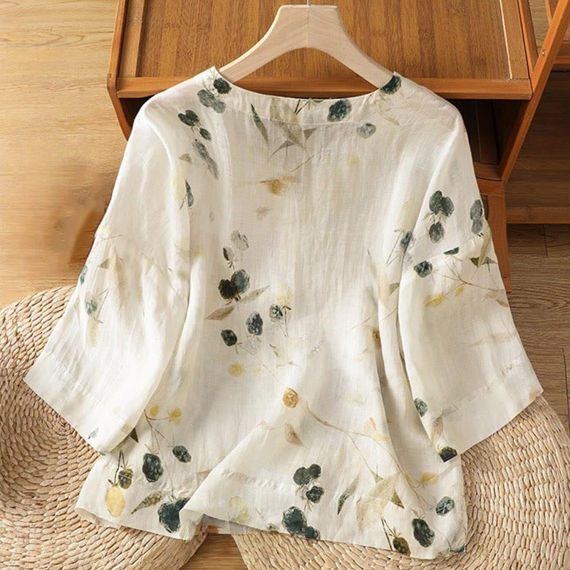 Chemise à manches trois-quarts en polyester pour femme, imprimée de Buddha Stones et de plantes, col en V et boutons. - image 1