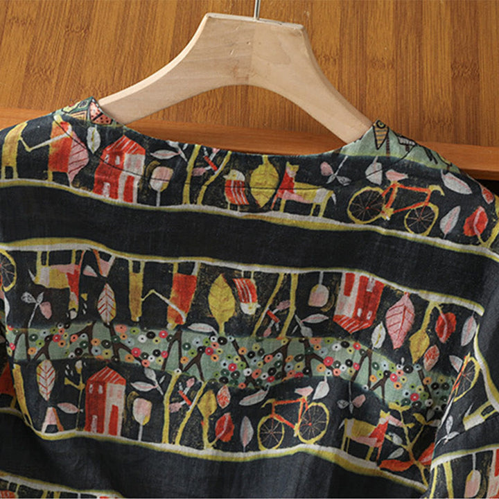 Chemise à manches trois-quarts en polyester pour femme, imprimée de Buddha Stones et de plantes, col en V et boutons. - image 11