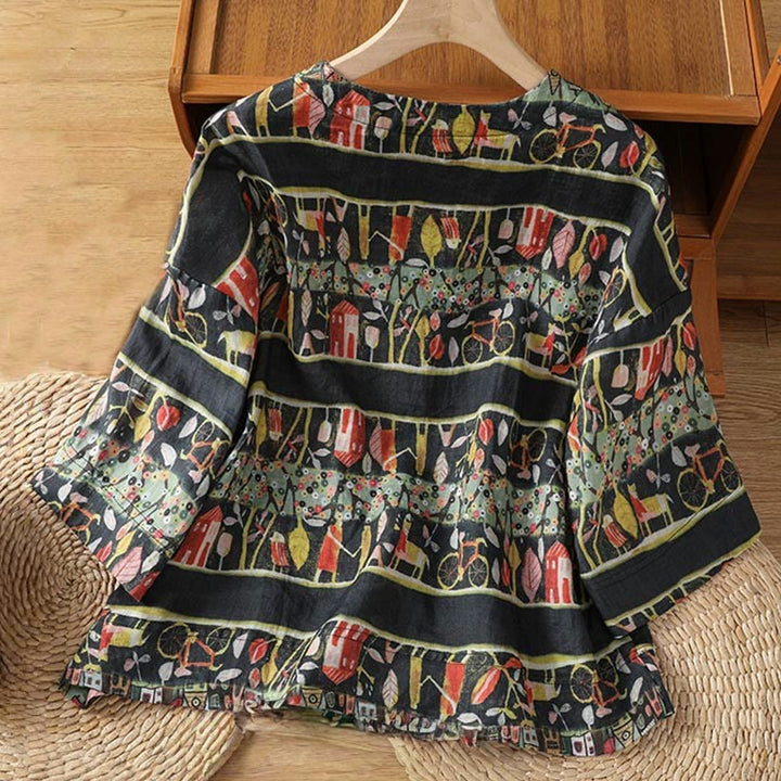 Chemise à manches trois-quarts en polyester pour femme, imprimée de Buddha Stones et de plantes, col en V et boutons. - image 10