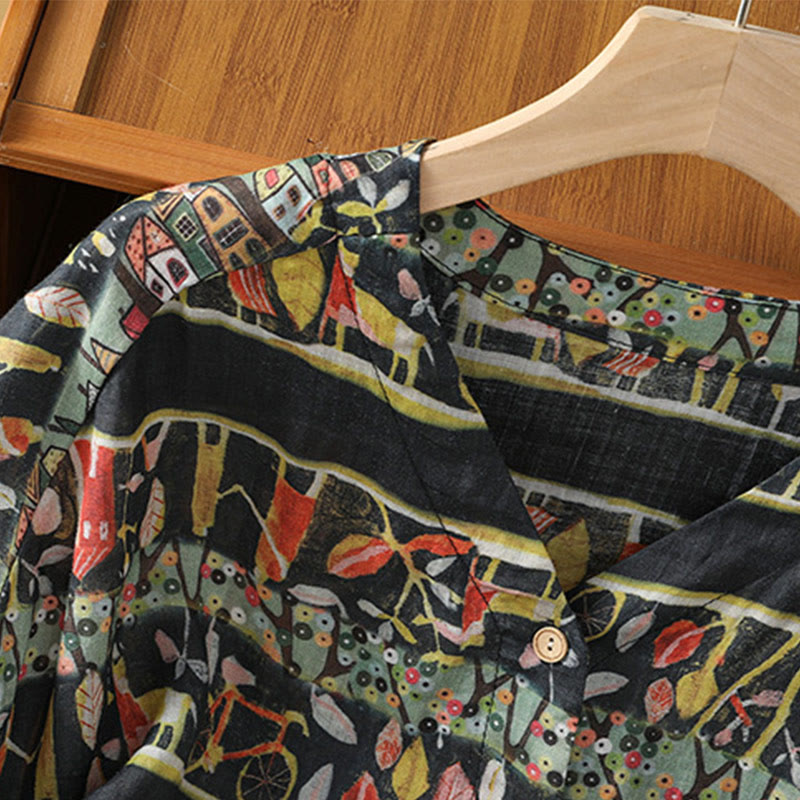 Chemise à manches trois-quarts en polyester pour femme, imprimée de Buddha Stones et de plantes, col en V et boutons. - image 13