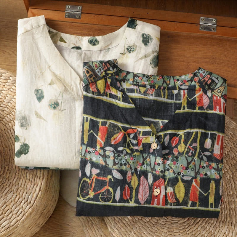 Chemise à manches trois-quarts en polyester pour femme, imprimée de Buddha Stones et de plantes, col en V et boutons. - image 17