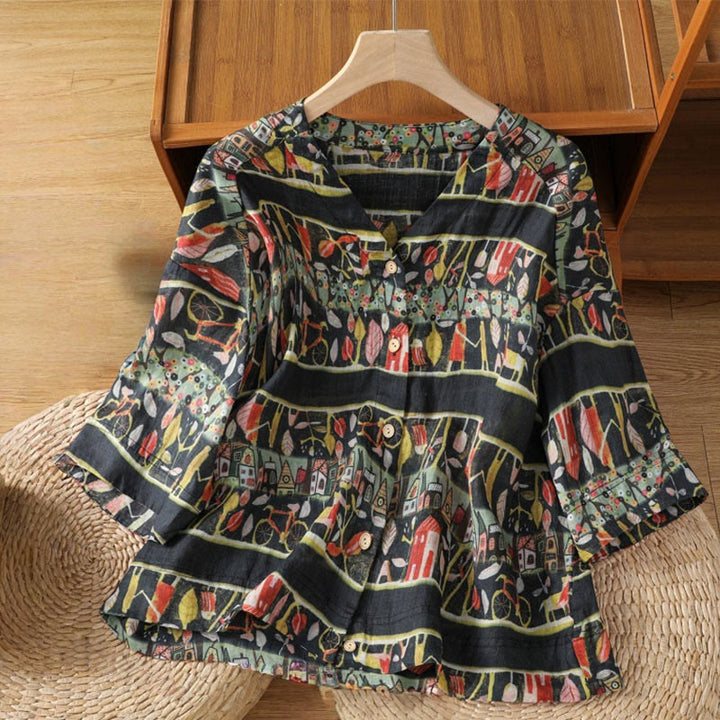 Chemise à manches trois-quarts en polyester pour femme, imprimée de Buddha Stones et de plantes, col en V et boutons. - Noir - US14，UK/AU18，EU46 (2XL) - image 9