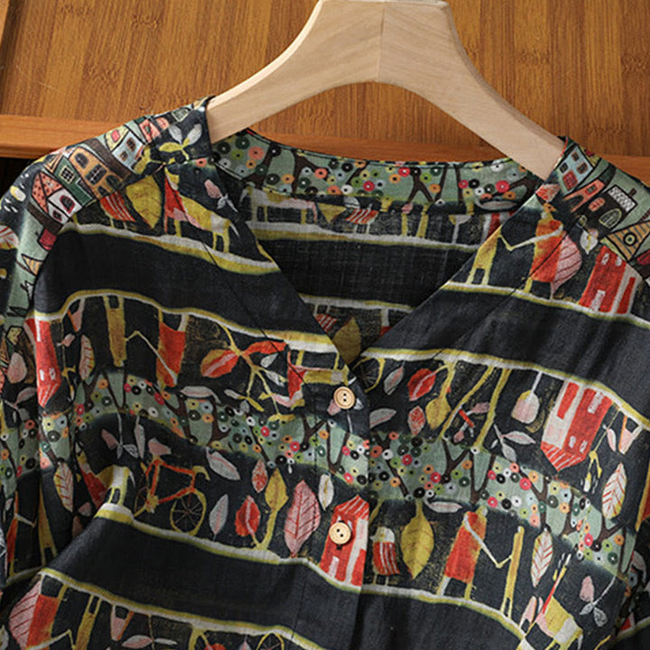 Chemise à manches trois-quarts en polyester pour femme, imprimée de Buddha Stones et de plantes, col en V et boutons. - image 14