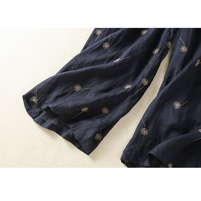 Pantalon large en coton et lin pour femme, bleu nuit, style décontracté, motif pissenlit, Buddha Stones - image 9