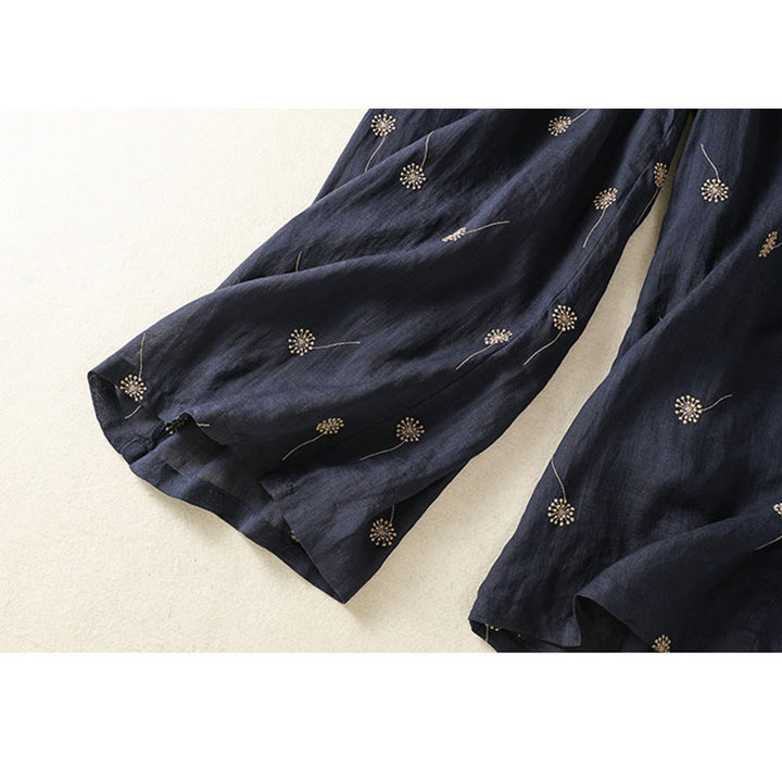 Pantalon large en coton et lin pour femme, bleu nuit, style décontracté, motif pissenlit, Buddha Stones - image 9