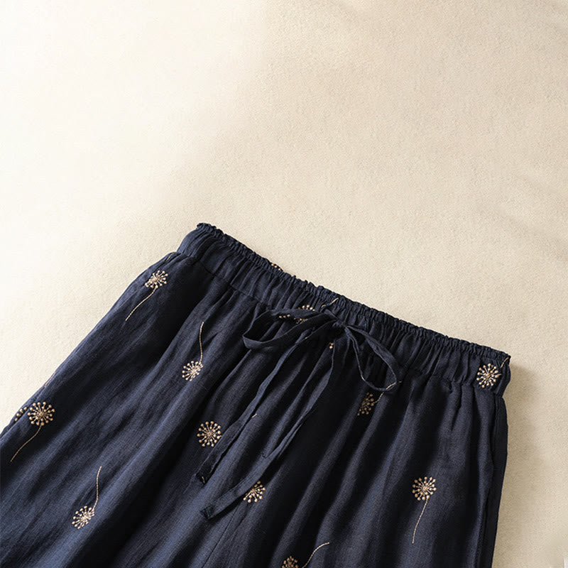 Pantalon large en coton et lin pour femme, bleu nuit, style décontracté, motif pissenlit, Buddha Stones - image 4