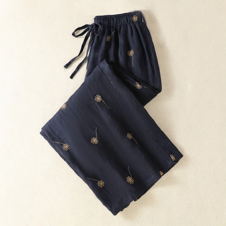 Pantalon large en coton et lin pour femme, bleu nuit, style décontracté, motif pissenlit, Buddha Stones - image 2
