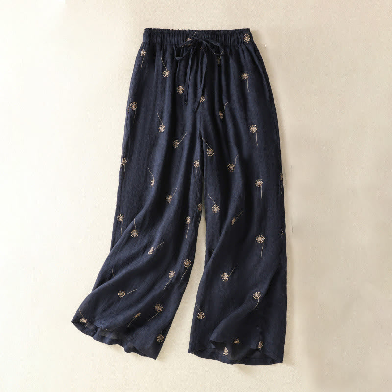Pantalon large en coton et lin pour femme, bleu nuit, style décontracté, motif pissenlit, Buddha Stones - image 1