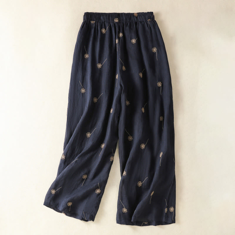 Pantalon large en coton et lin pour femme, bleu nuit, style décontracté, motif pissenlit, Buddha Stones - Bleu nuit - US8-10，UK/AU12-14，EU40-42 (2XL) - image 0