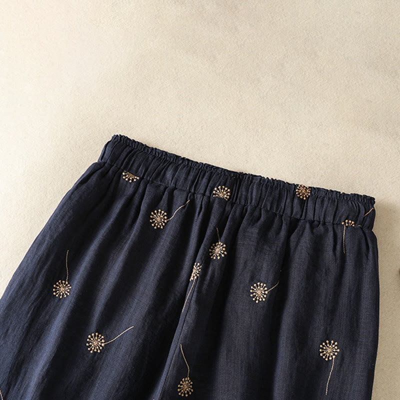 Pantalon large en coton et lin pour femme, bleu nuit, style décontracté, motif pissenlit, Buddha Stones - image 5