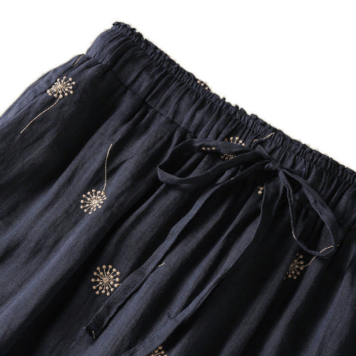Pantalon large en coton et lin pour femme, bleu nuit, style décontracté, motif pissenlit, Buddha Stones - image 8