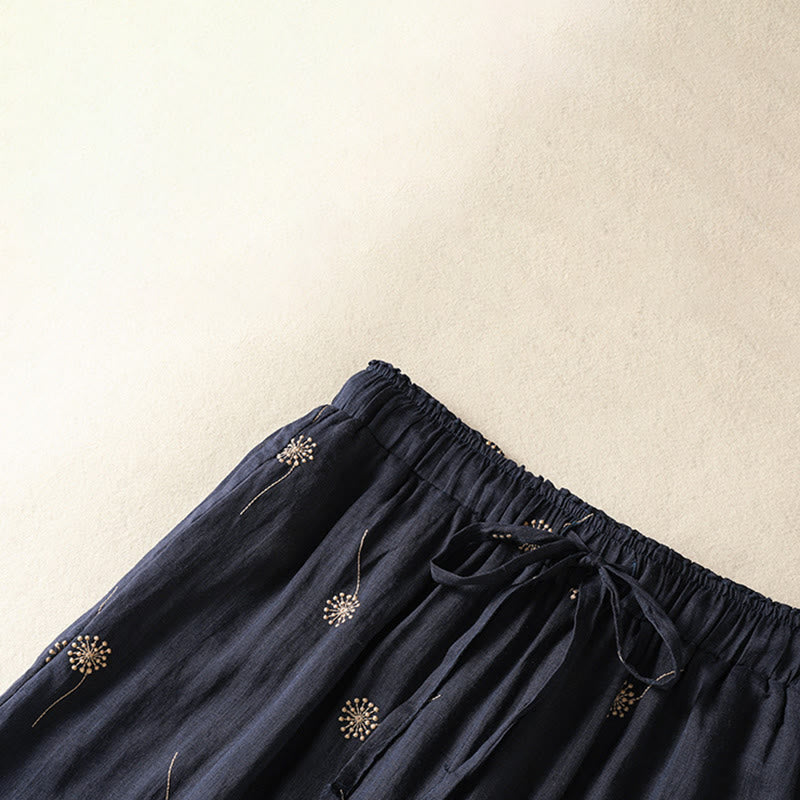 Pantalon large en coton et lin pour femme, bleu nuit, style décontracté, motif pissenlit, Buddha Stones - image 3
