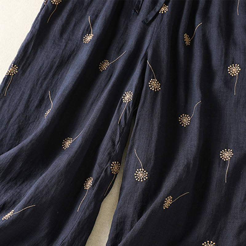 Pantalon large en coton et lin pour femme, bleu nuit, style décontracté, motif pissenlit, Buddha Stones - image 6