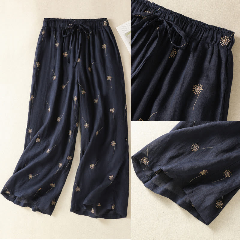 Pantalon large en coton et lin pour femme, bleu nuit, style décontracté, motif pissenlit, Buddha Stones - image 10