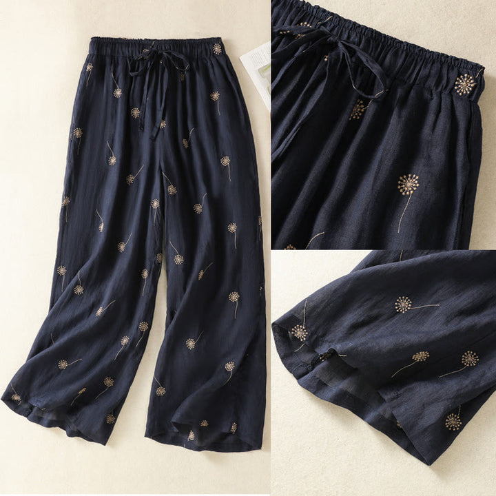 Pantalon large en coton et lin pour femme, bleu nuit, style décontracté, motif pissenlit, Buddha Stones - image 10