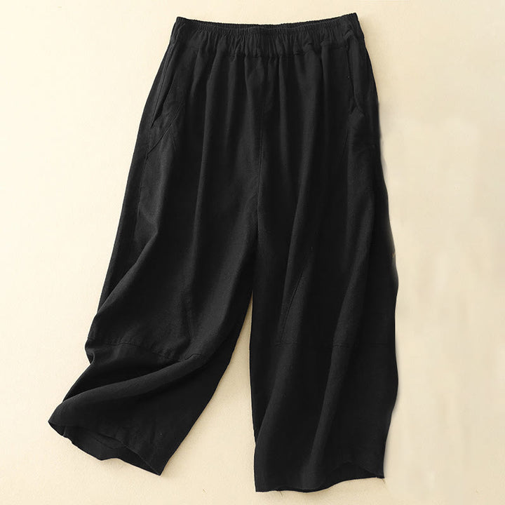 Pantalon court décontracté en coton à jambes larges et poches pour femme, style décontracté, couleur pure, Buddha Stones - Noir - US8-10，UK/AU12-14，EU40-42 (2XL) - image 6