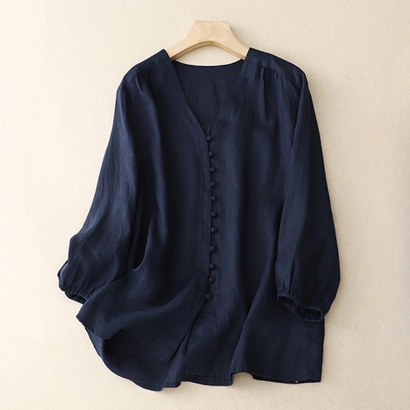 Chemise à manches longues en coton et lin pour femme, motif Buddha Stones , col en V - Bleu nuit - US8-10，UK/AU12-14，EU40-42 (2XL) - image 9