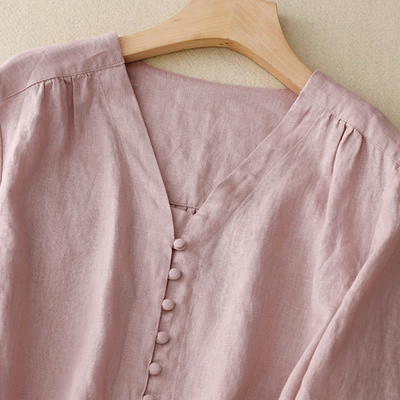 Chemise à manches longues en coton et lin pour femme, motif Buddha Stones , col en V - image 2