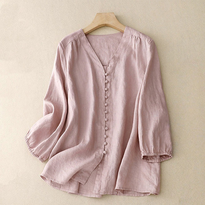 Chemise à manches longues en coton et lin pour femme, motif Buddha Stones , col en V - Rose - US8-10，UK/AU12-14，EU40-42 (2XL) - image 0